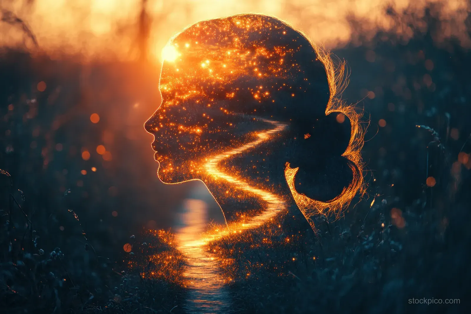 A meditating man silhouette glows with sunset light over a golden field, creating a layered mindfulness scene.