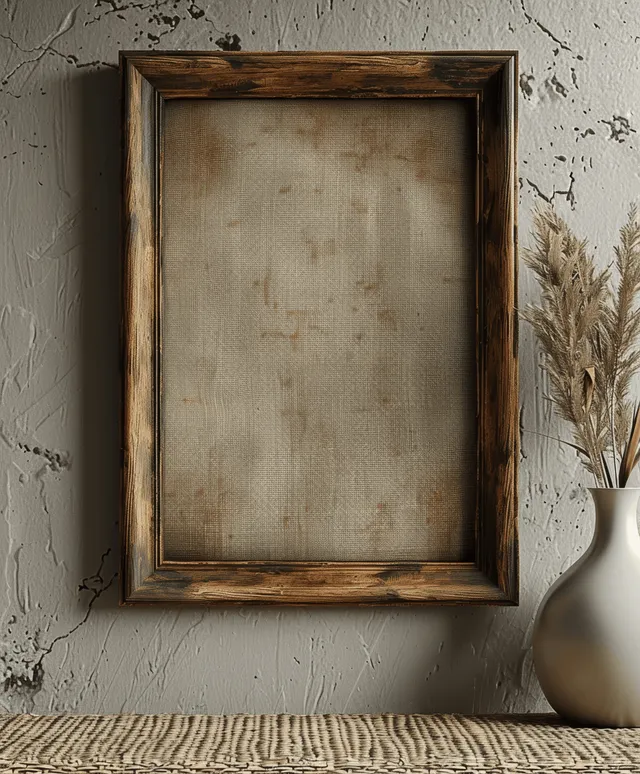 Vertical wooden frame mockup on beige wall with empty white canvas insert