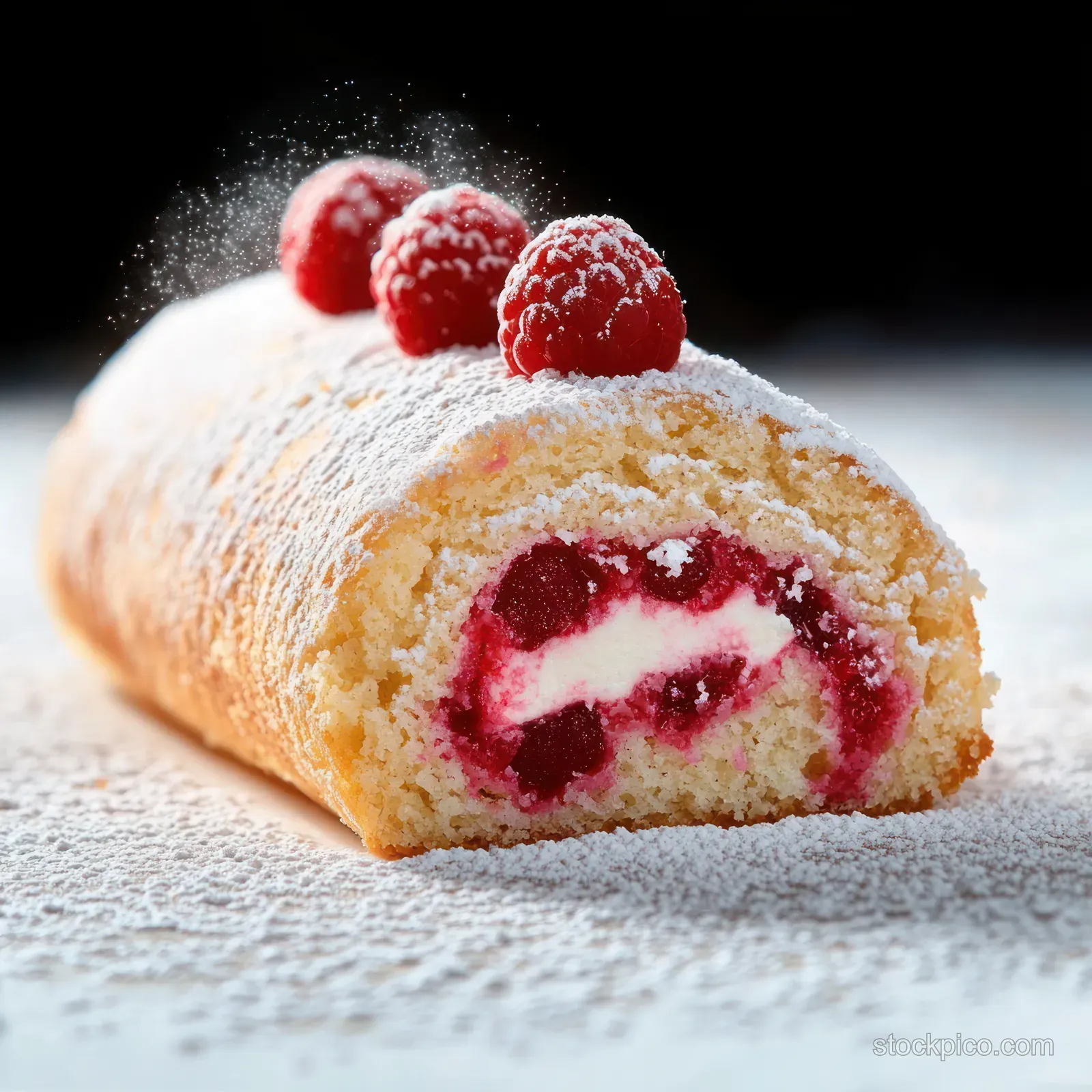 Raspberry cream cake roll dusted with powdered sugar and topped with fresh raspberries on a black background.