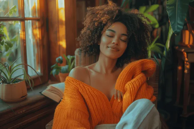 Woman seated in chair yoga pose at home with eyes closed, wearing orange sweater near a window with plants.