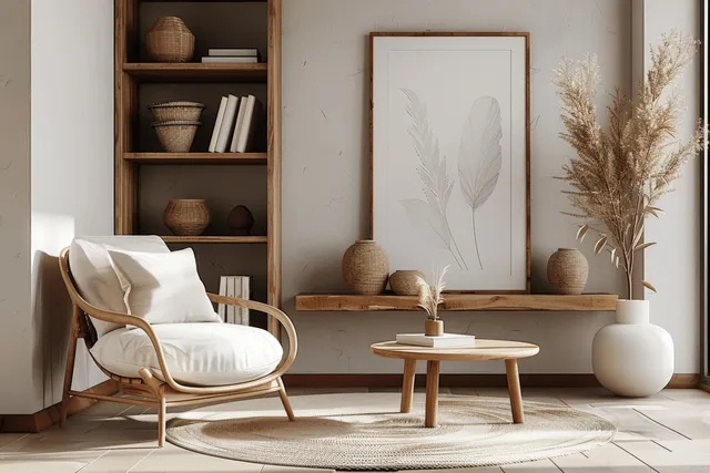 Japandi living room with wooden armchair, low coffee table, beige rug, and framed leaf artwork on a shelf.