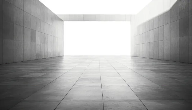 Empty modern corridor with gray tiled floor and a large rectangular opening glowing with daylight.