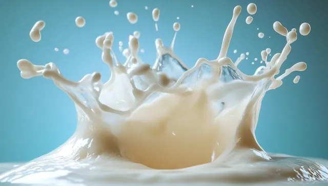 Creamy milk forms a splash crown with droplets suspended against a soft blue background.