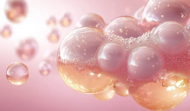 Collagen serum concept with glossy gel bubbles and vitamin droplets floating in a soft pink light haze.