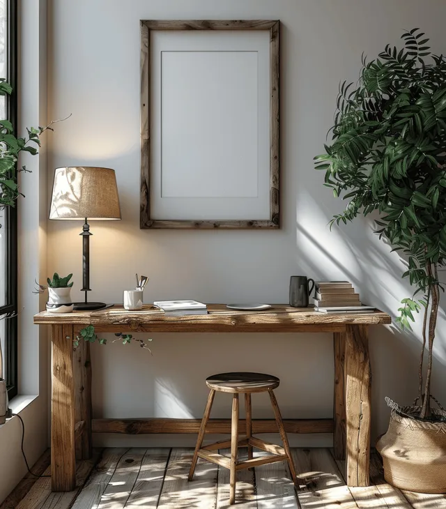 Blank poster frame mockup above a rustic desk with a lit lamp, plants, and soft sunlight.