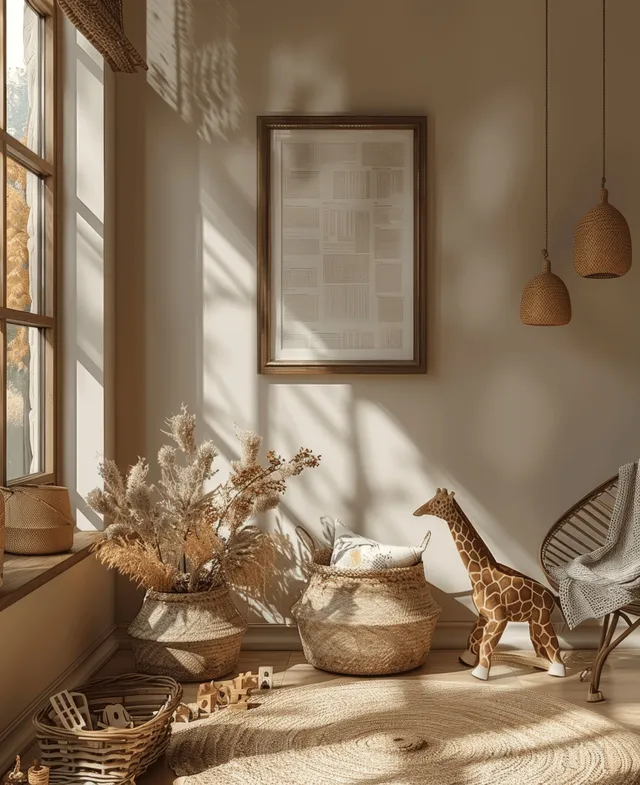 Empty wooden picture frame on a wall with wooden giraffe toys and cozy decor in soft daylight.