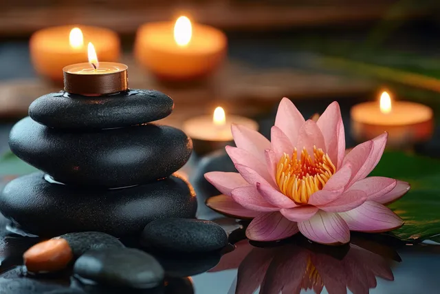 Lotus flower beside heated stones on spa table under candlelight
