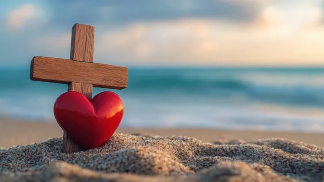 Wooden cross with red heart in sand on a beach near the ocean horizon