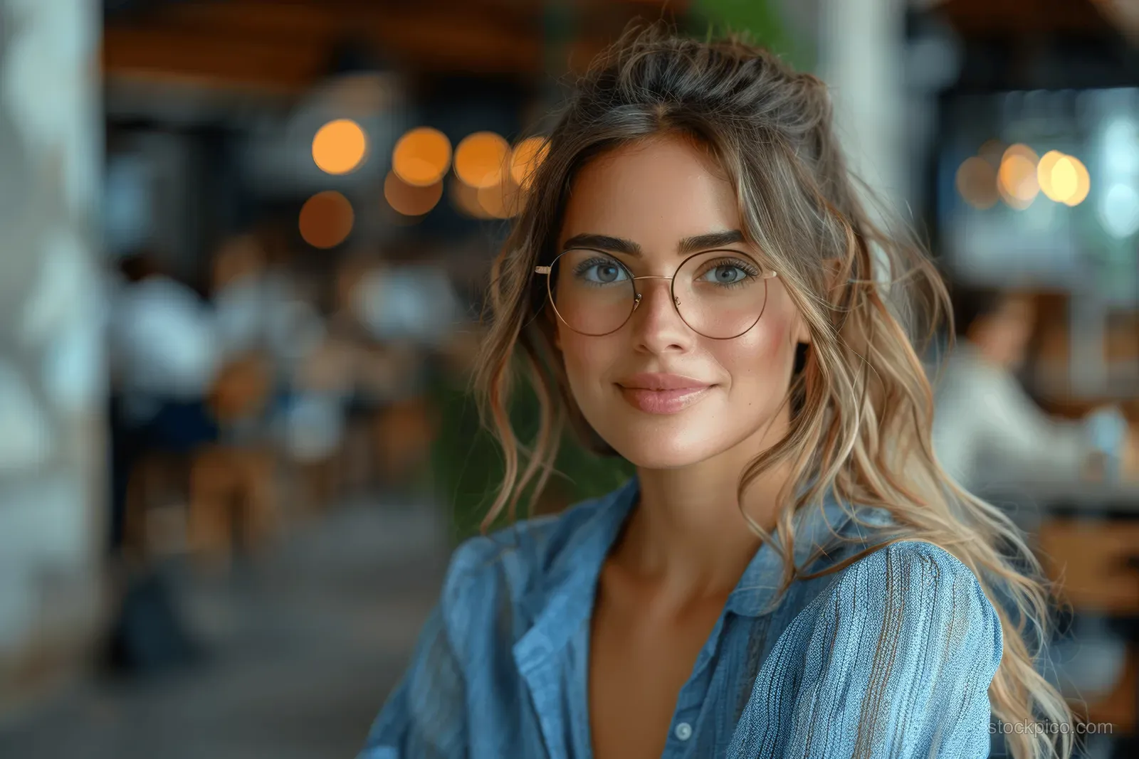 Woman in a blue shirt stands in a softly lit café with blurred lights behind her.