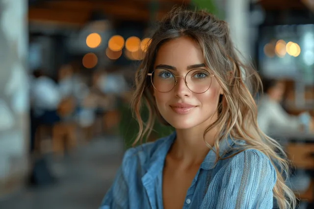 Woman in a blue shirt stands in a softly lit café with blurred lights behind her.