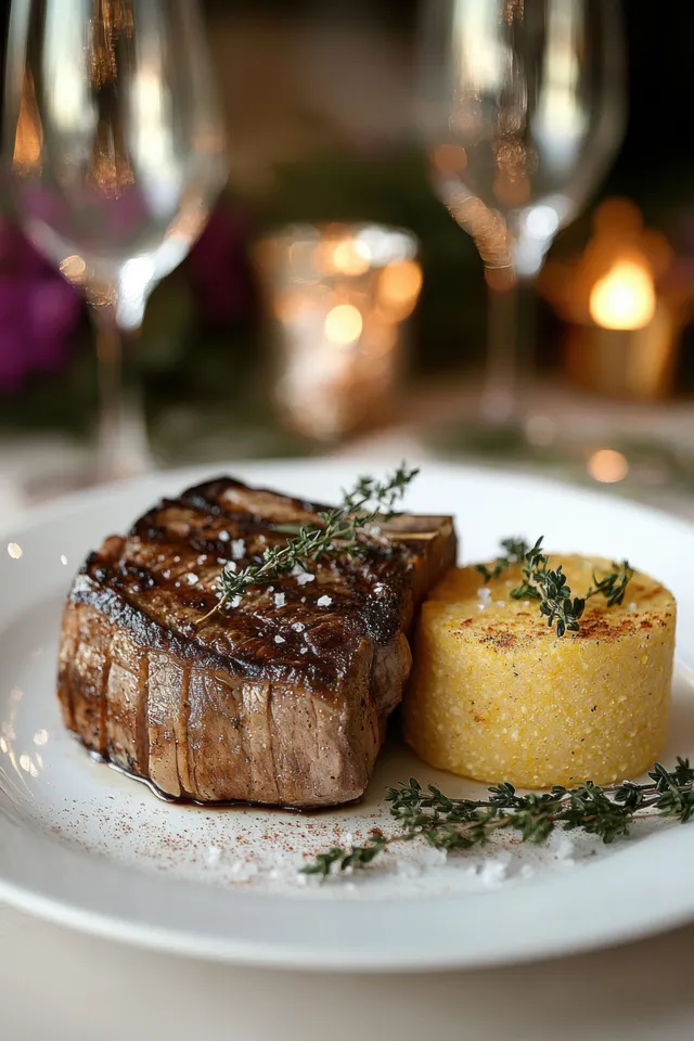 Grilled steak with thyme, coarse salt, and creamy polenta served on a white plate