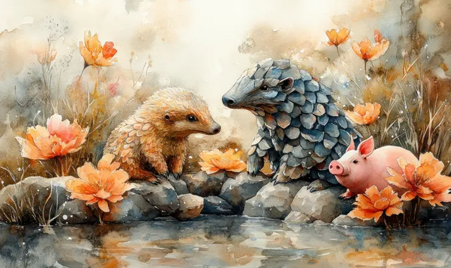 Watercolor animals learning card scene with pangolin, platypus, puffin, and spring flowers