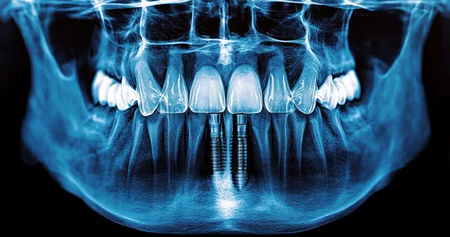 Panoramic dental x-ray showing upper and lower teeth with two visible dental implants in the lower front jaw.