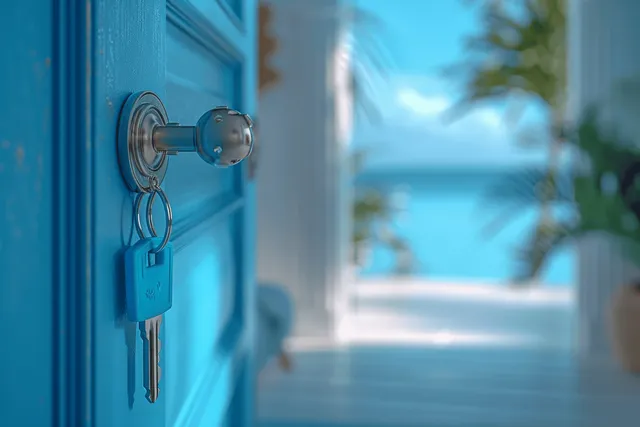 A turquoise key hangs on an open door, with a blurred ocean view and balcony plants in the background.