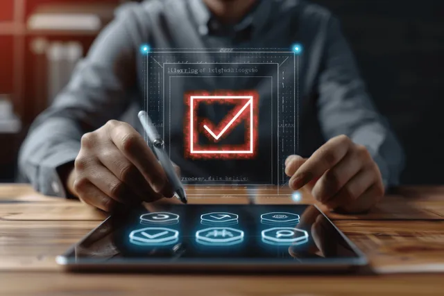 Businessman checks digital email checklist on tablet with glowing report icons at desk