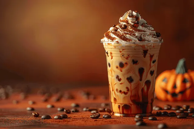 Pumpkin spice latte drink with whipped cream and Halloween sprinkles on orange background