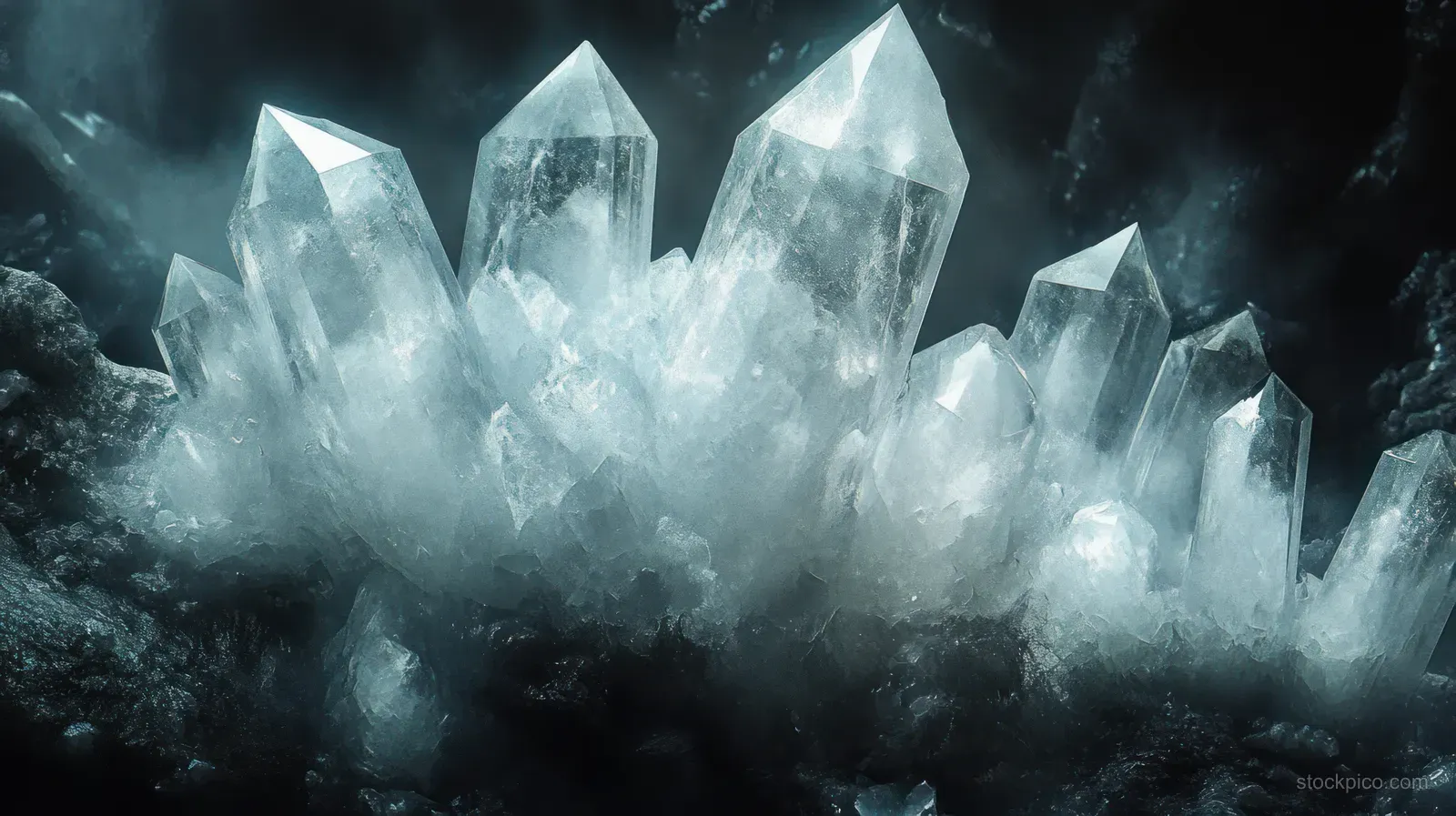 Transparent quartz crystal points rise from dark rocky ground with sharp edges and prismatic light reflections.