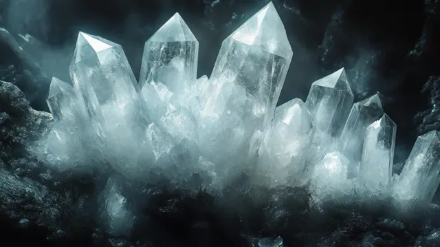 Transparent quartz crystal points rise from dark rocky ground with sharp edges and prismatic light reflections.