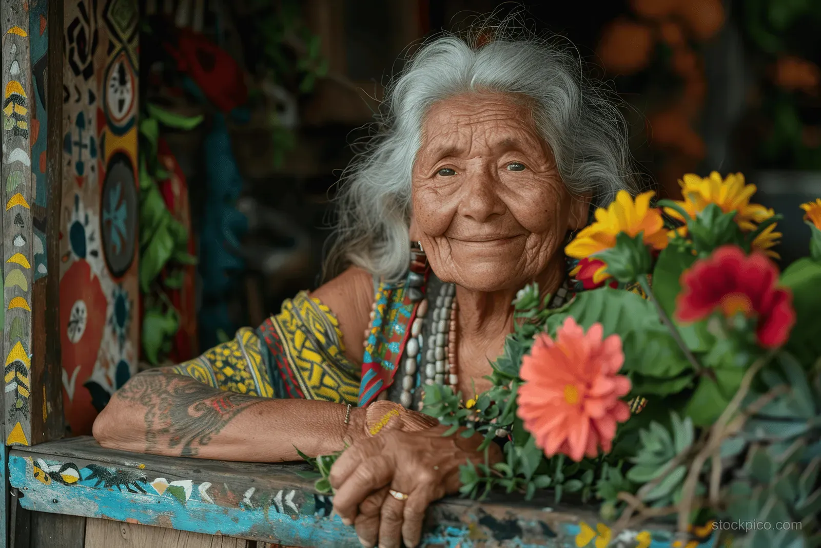 An elderly woman smiles beside colorful flowers in a lush home garden.