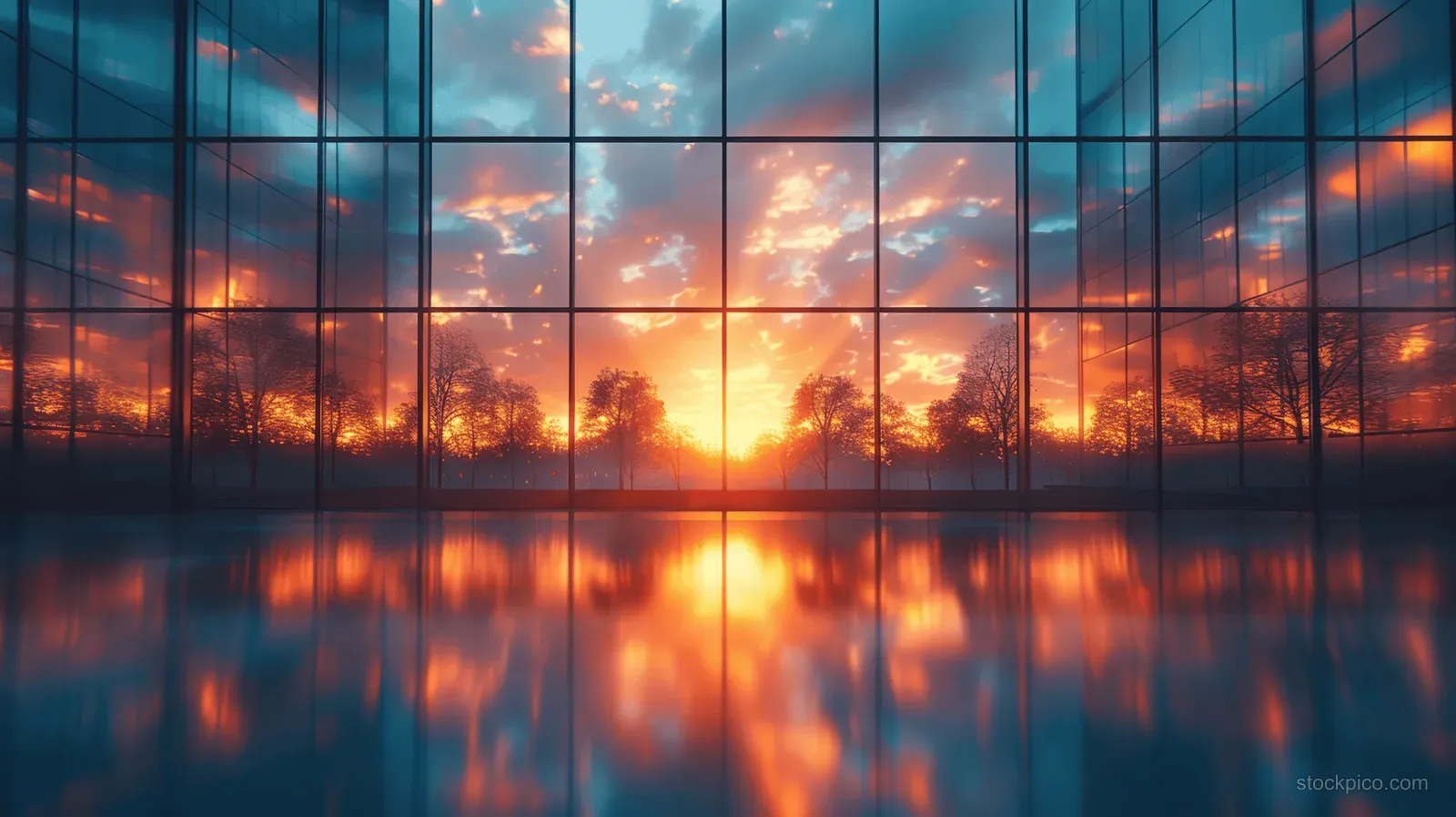 Empty office interior with large glass windows reflecting a vivid sunset across the floor.