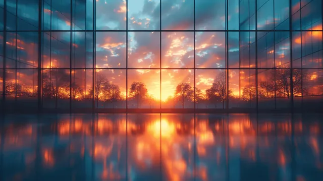 Sunset-lit glass office facade with reflections across the floor, empty conference area