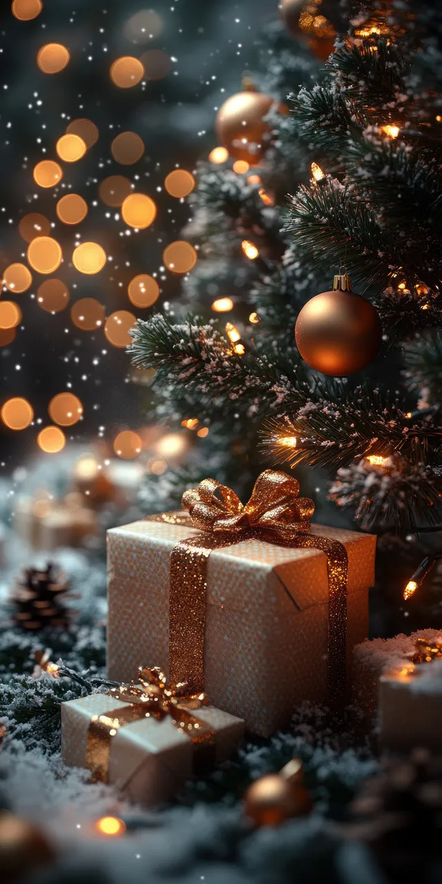Decorated Christmas tree glowing at night with wrapped presents on snowy foreground