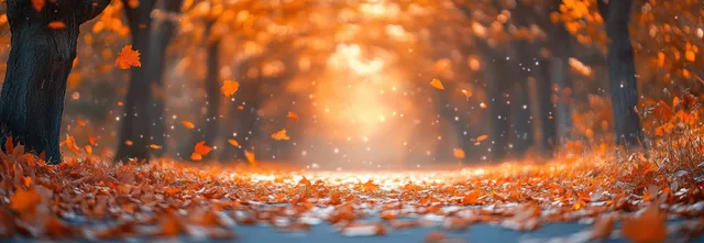 Autumn forest path glowing with warm sunlight and bokeh through drifting orange leaves