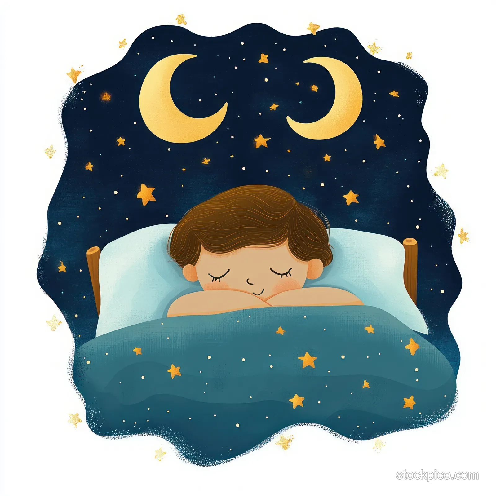 Child sleeps in a cozy bed beneath a starry night sky with crescent moons.