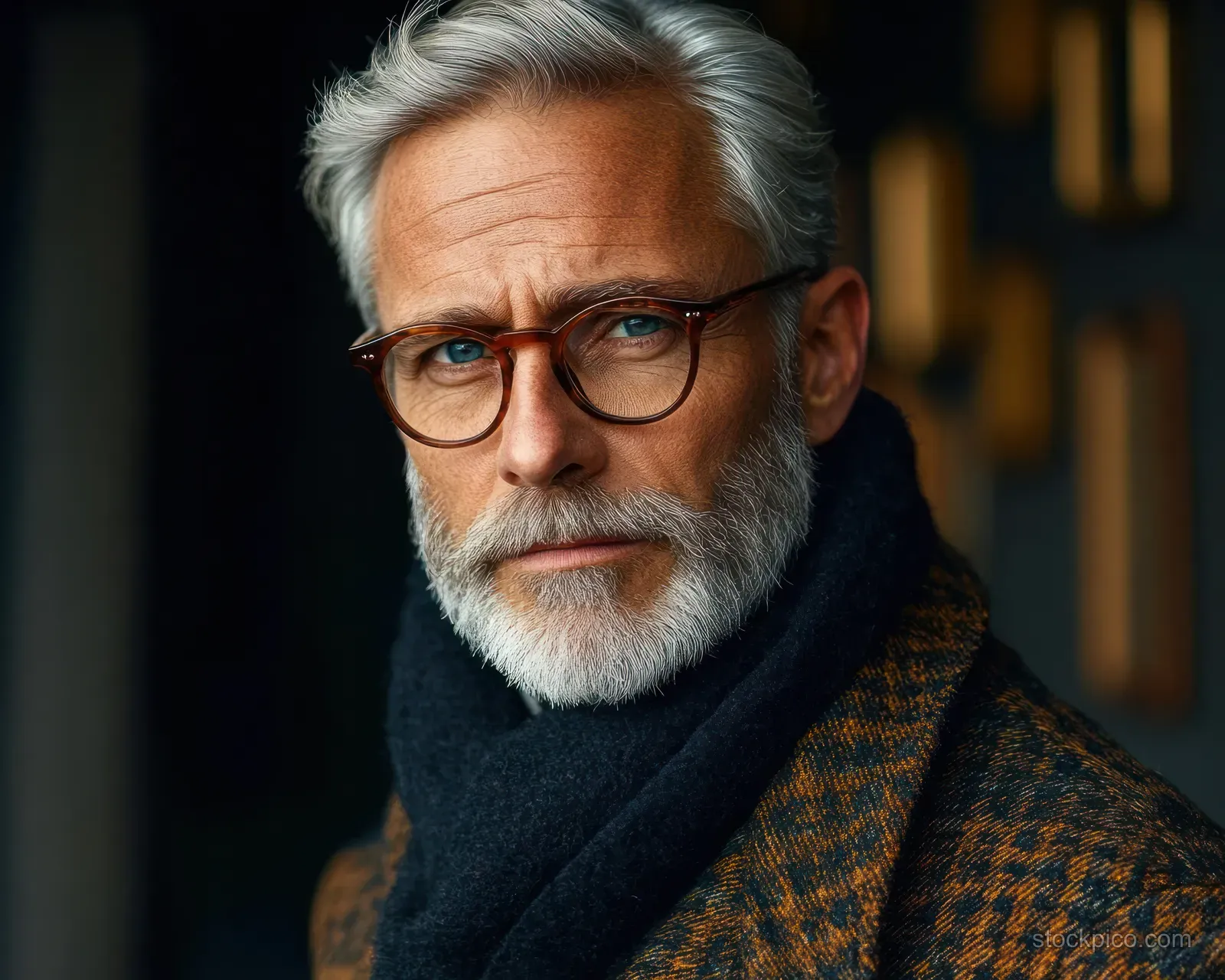 Thoughtful elderly man with grey beard and round glasses wearing a dark scarf in an indoor setting.