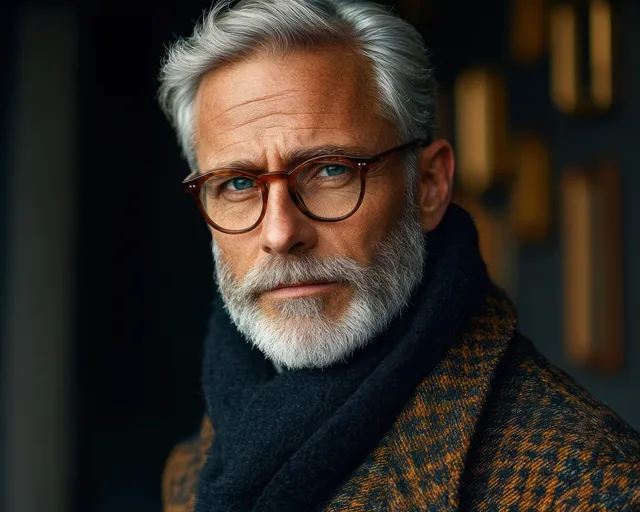 Thoughtful elderly man with grey beard and round glasses wearing a dark scarf in an indoor setting.