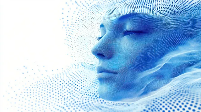 Blue face profile with closed eyes emerging from flowing digital dots and soft wave-like particles.