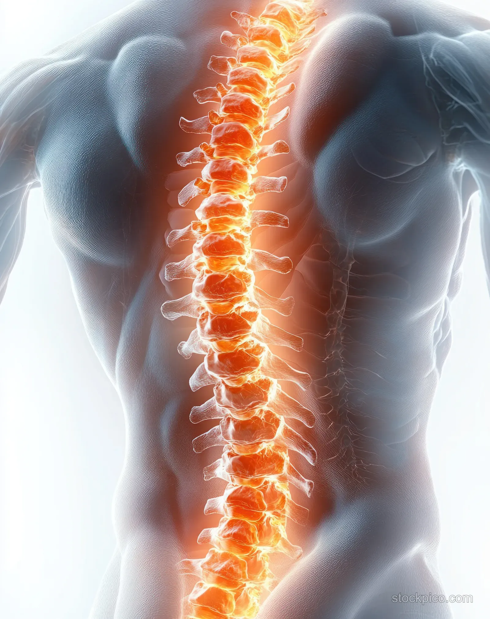 Transparent back anatomy with an orange glowing spine, detailed vertebrae, and ribs on a muscular torso.