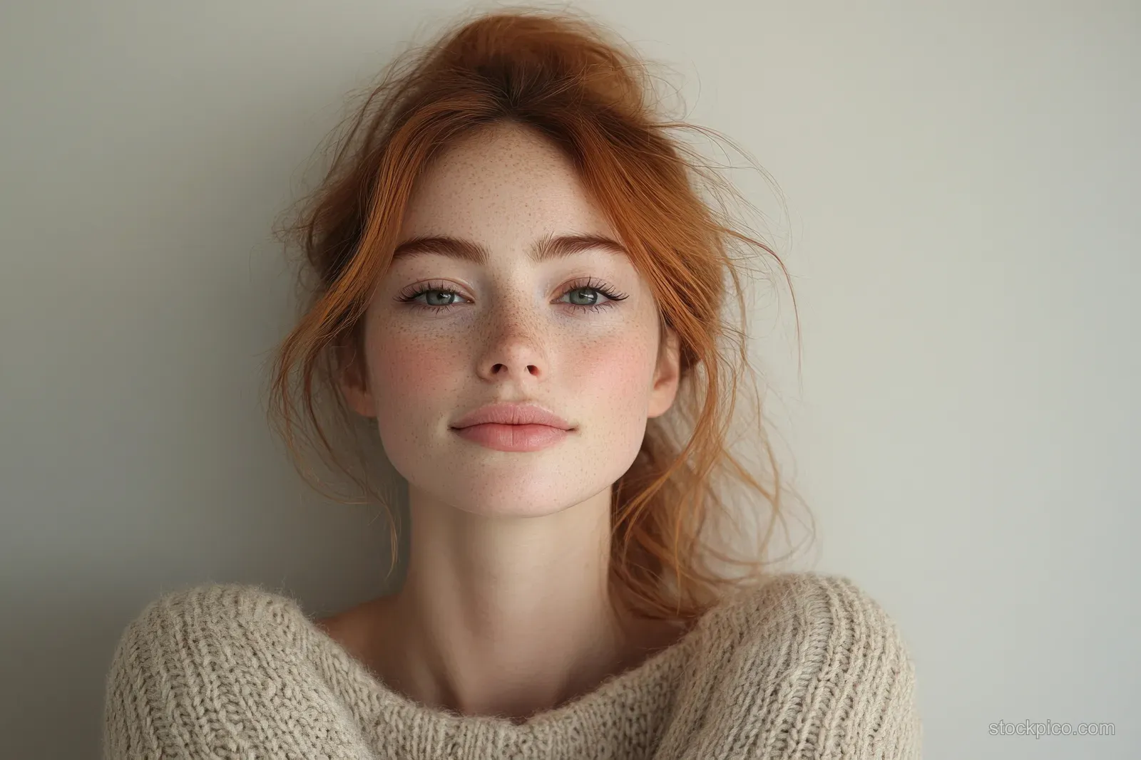 Smiling red-haired woman in a cozy sweater against a neutral wall.