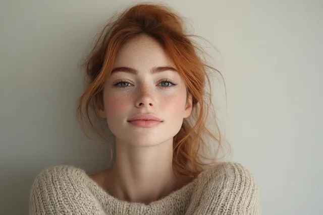 Smiling red-haired woman in cozy sweater against minimalist neutral background