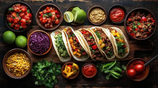 Five soft tacos on a wooden board with bowls of salsa and guacamole, lime, corn, shredded red cabbage, and cilantro.