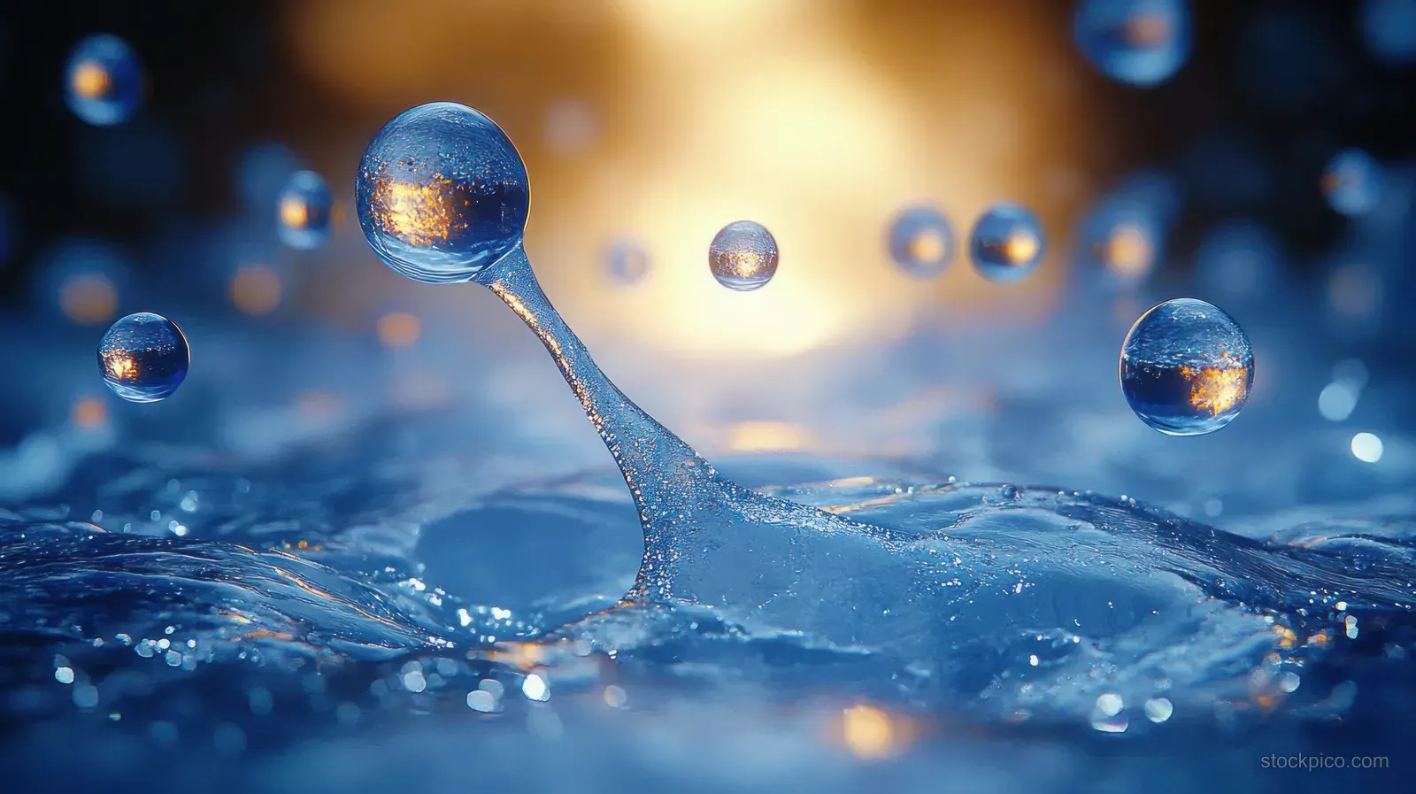 Water splash rises from a liquid surface with floating droplets under soft blue lighting.