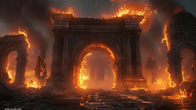 Flaming stone arch gate with orange fire and smoke in an ancient ruins corridor at night.
