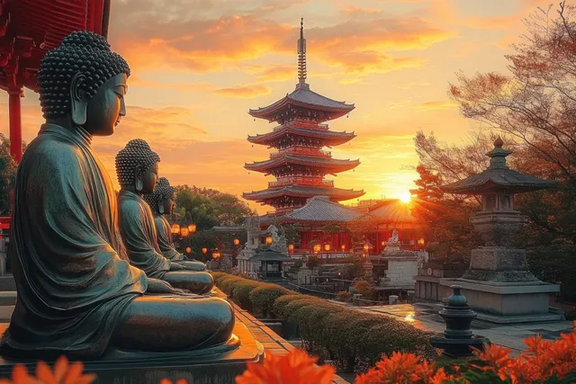 Bronze Buddha statues sit in a temple courtyard while a pagoda and sunset glow over Asakusa, Tokyo.
