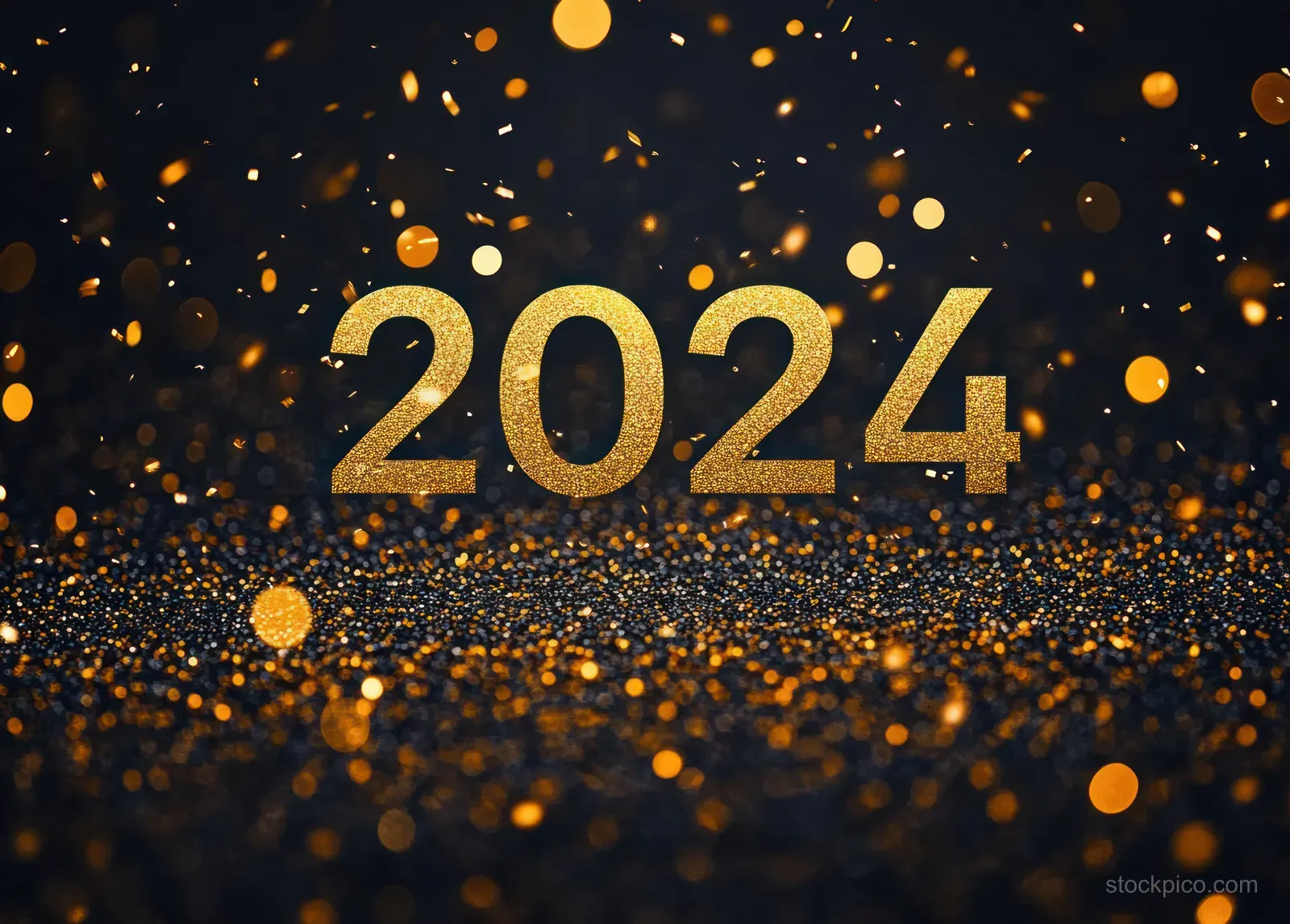 Glowing gold 2024 numbers with falling golden confetti on a dark background.