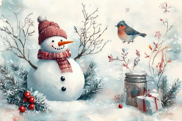 Watercolor snowman wearing a red scarf and hat with winter animals, birds, and wrapped gifts on snowy ground.