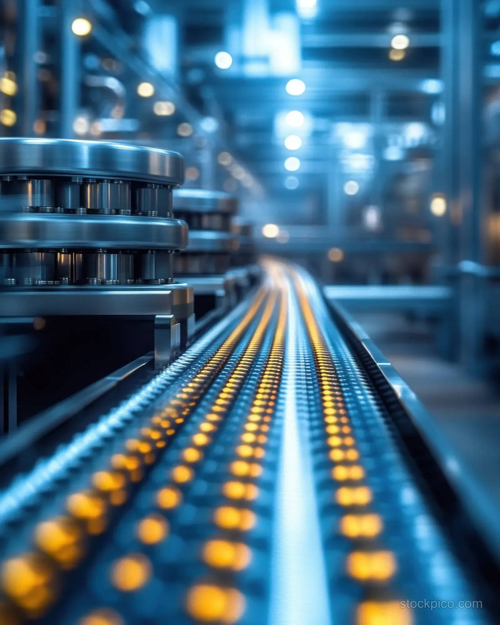 A metallic automated conveyor line in a high-tech factory with glowing orange status lights along the rails.