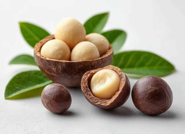 Macadamia nuts in brown shells and creamy kernels arranged with green leaves on a light background.