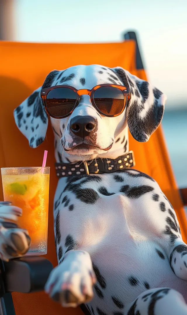 A dalmatian dog lounges on an orange chair wearing sunglasses and holding a cold drink with a straw outdoors.