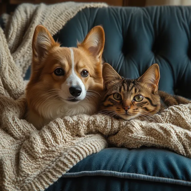 A corgi dog and tabby cat cuddle on a knitted blanket on a blue cushioned chair, looking forward.