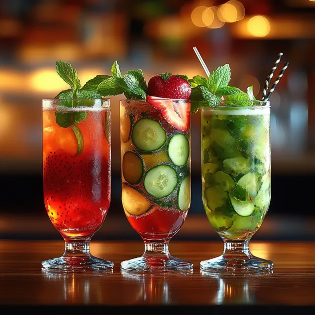 Three infused drinks in tall glasses with mint, strawberry, and cucumber garnishes on a wooden table.