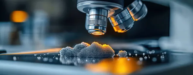 Microscope lenses hover above a granular particle sample under blue and orange laboratory lighting.