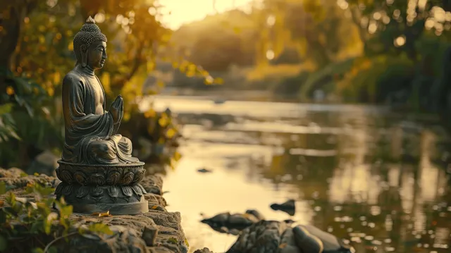 A meditating Buddha statue by a quiet river at golden hour with warm sunlight reflecting on the water.