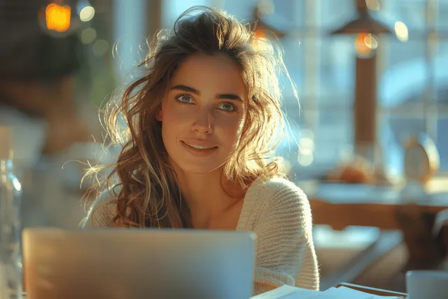 A smiling professional works on a laptop at a desk during a meeting in a modern office with warm bokeh lights.