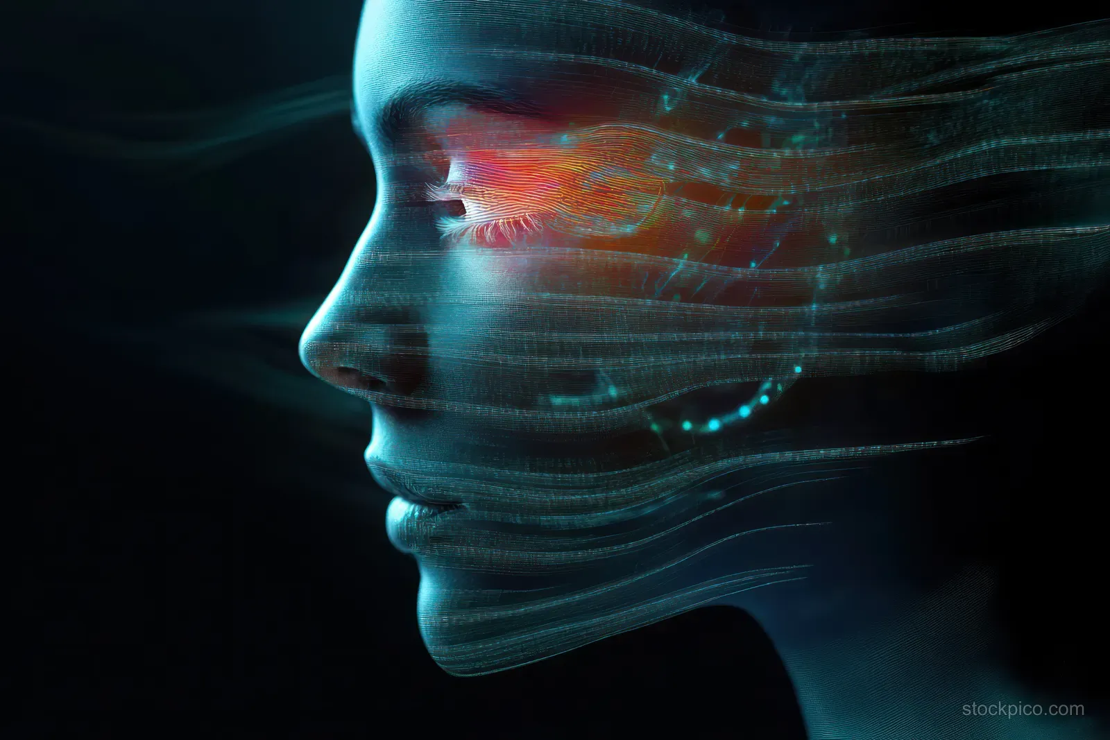 A glowing circuitry overlay traces a calm side-profile face with flowing neon light trails.