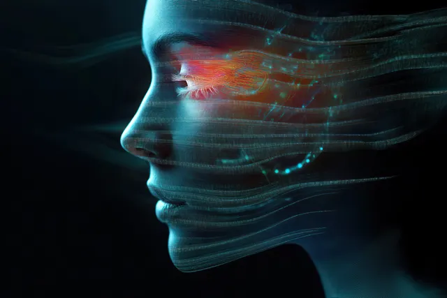 A glowing circuitry overlay traces a calm side-profile face with flowing neon light trails.